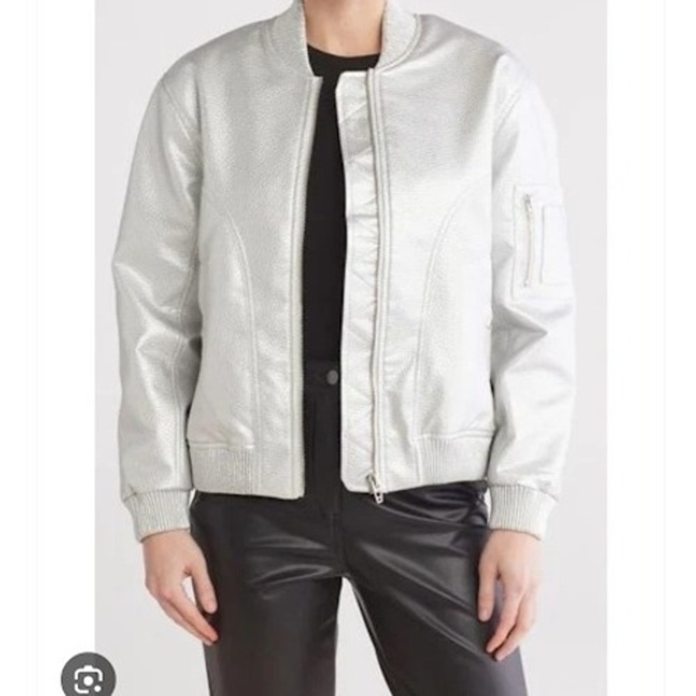 Blank NYC Metallic Faux Leather Bomber Jacket Silver Shiny Moto Biker M New